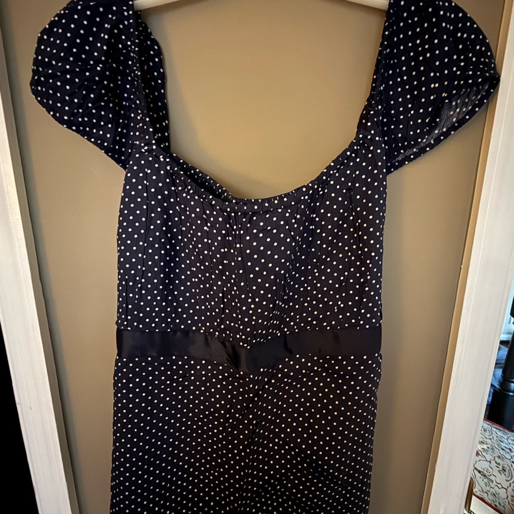 Hollister Navy Top with White Polka Dots and Puff Sleeves